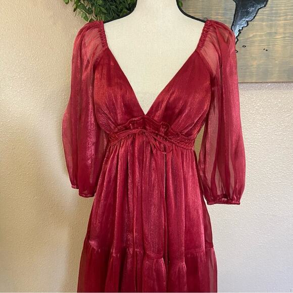 NWOT Lulus Romantic Appearance Wine Red Organza Tiered Midi Dress - Picture 7 of 9